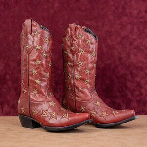 Black Star Women Marfa Red Black Leather Western Cowboy Mid Calf Boots sz 7.5